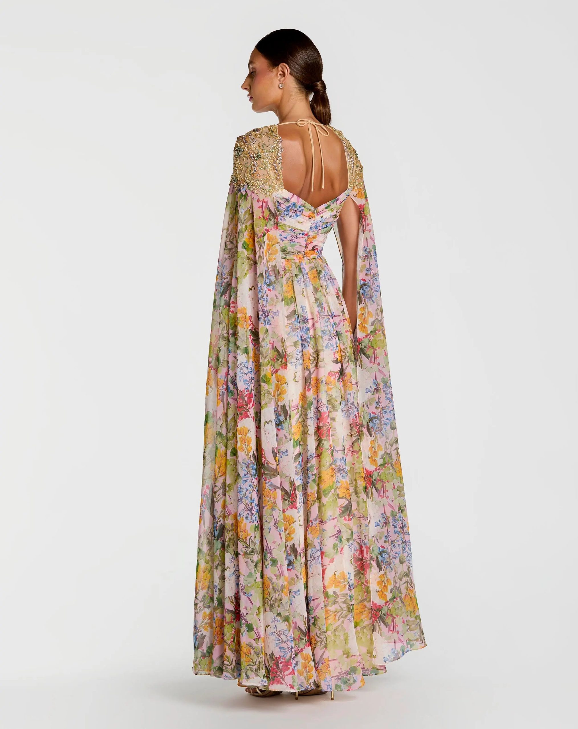 Multicolor Floral Gown With Beaded Cape Sleeves - Image 3