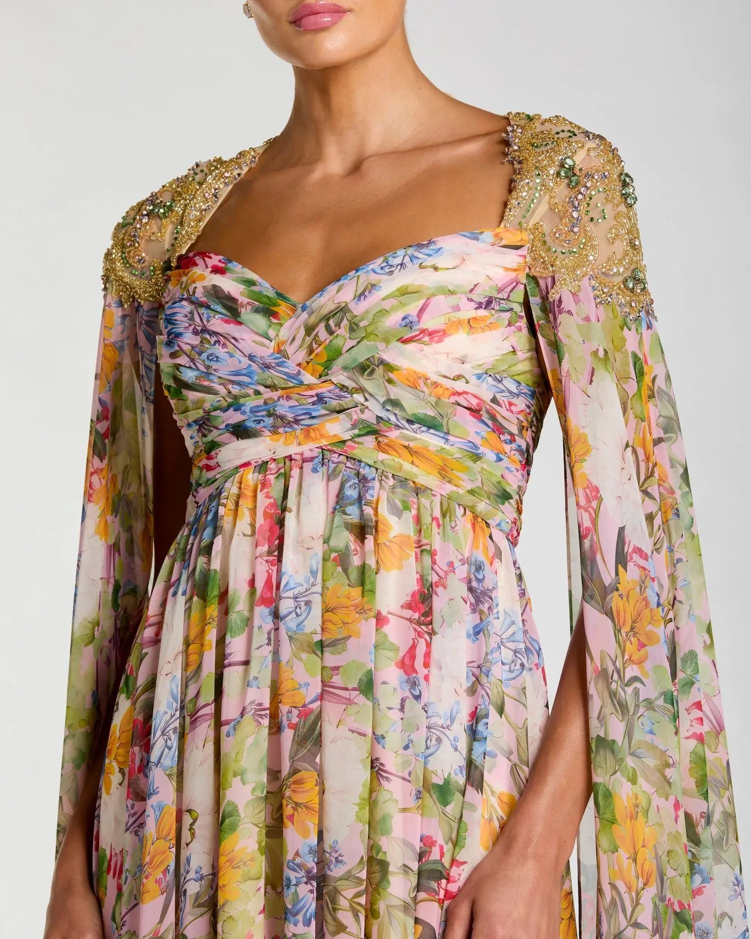 Multicolor Floral Gown With Beaded Cape Sleeves - Image 2
