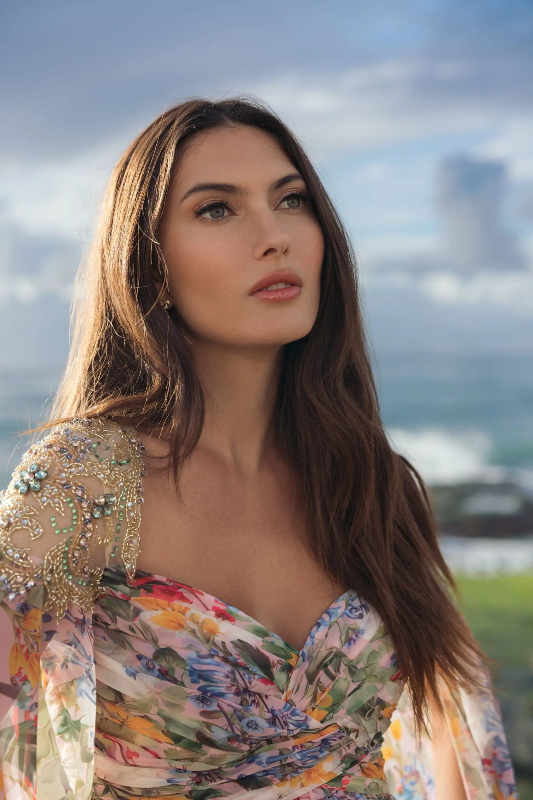 Multicolor Floral Gown With Beaded Cape Sleeves - Image 5