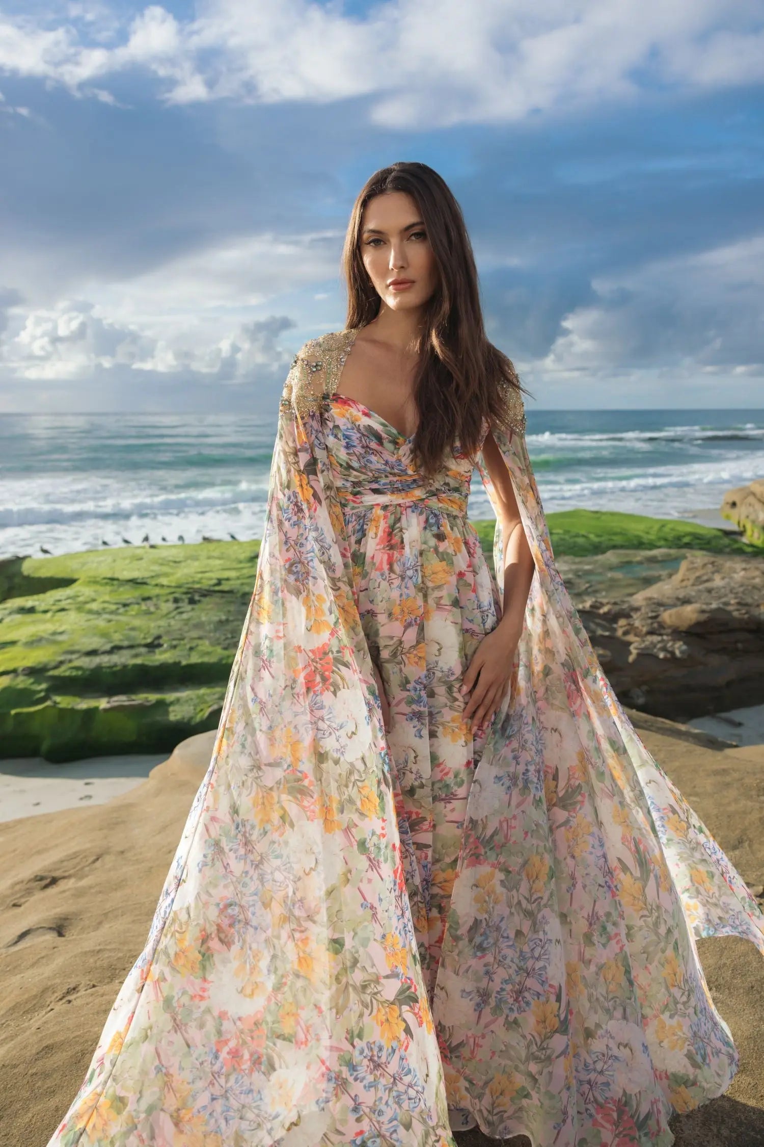 Multicolor Floral Gown With Beaded Cape Sleeves - Image 4