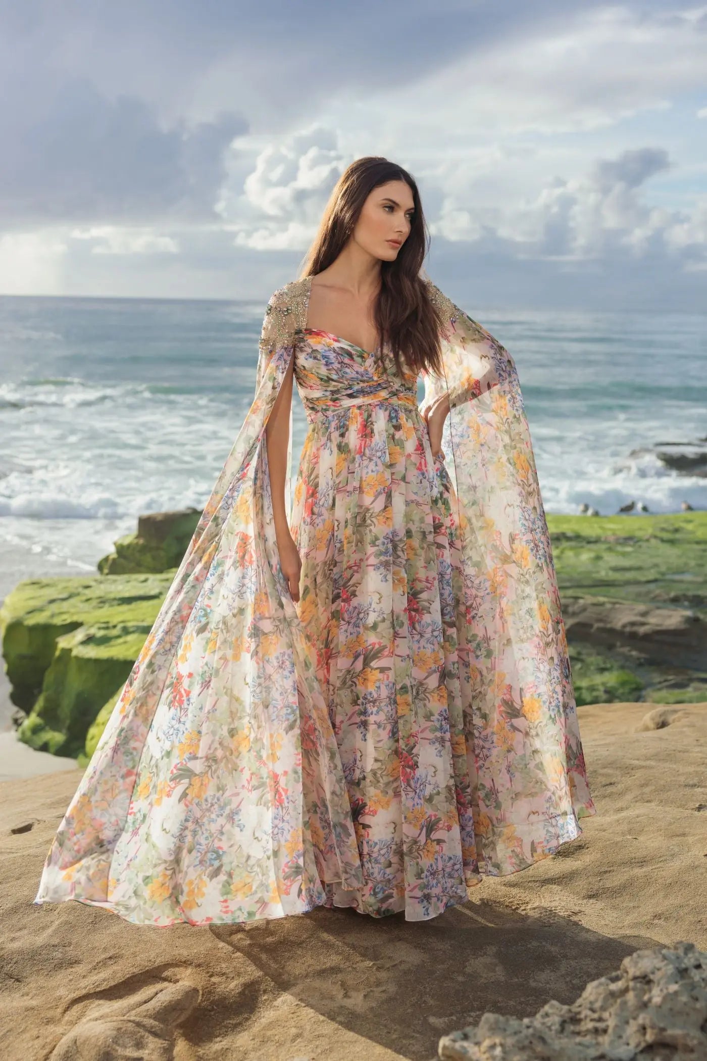 Multicolor Floral Gown With Beaded Cape Sleeves - Image 6
