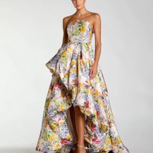 Multicolor Strapless Floral High Low Bubble Hem Gown