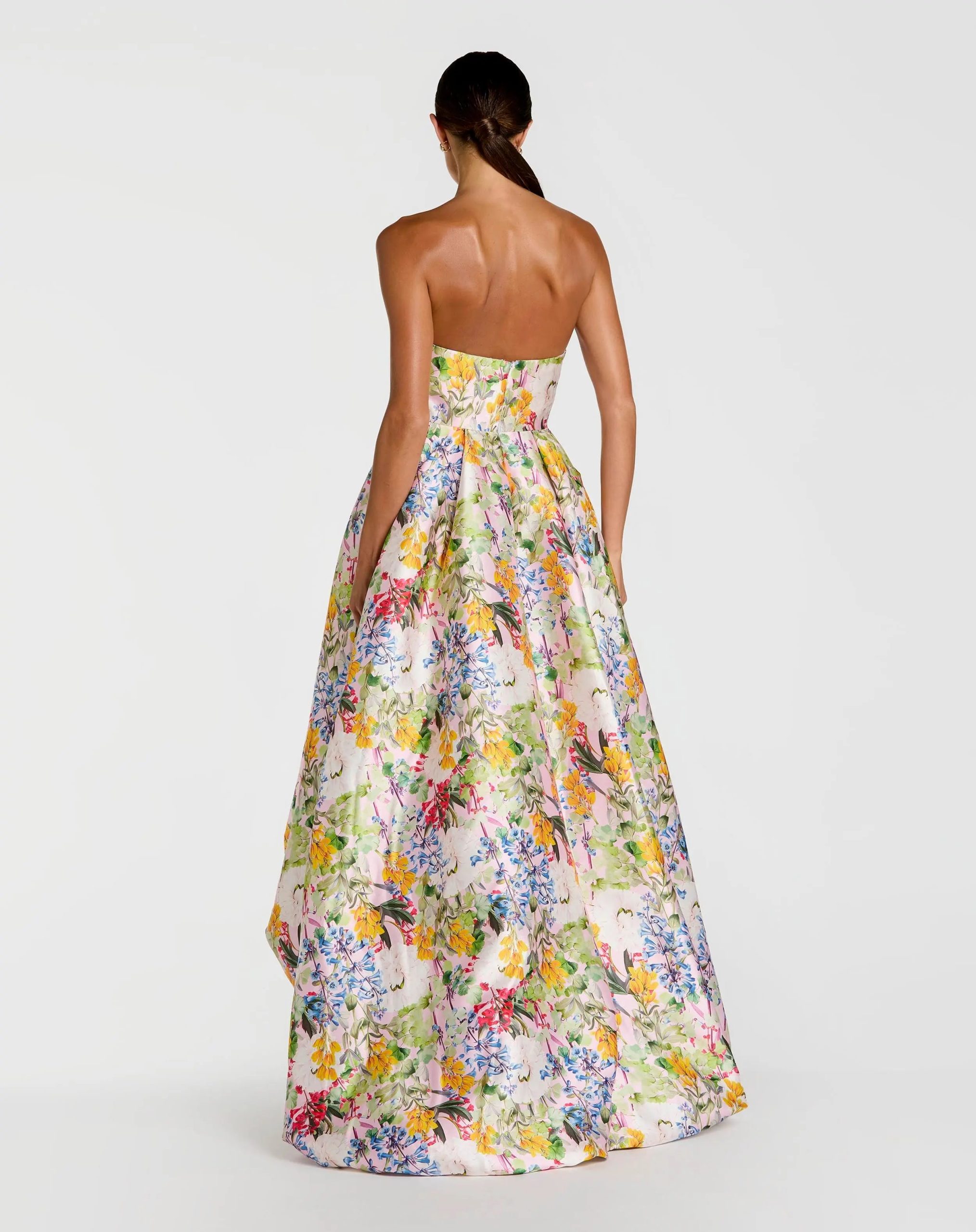 Multicolor Strapless Floral High Low Bubble Hem Gown - Image 3