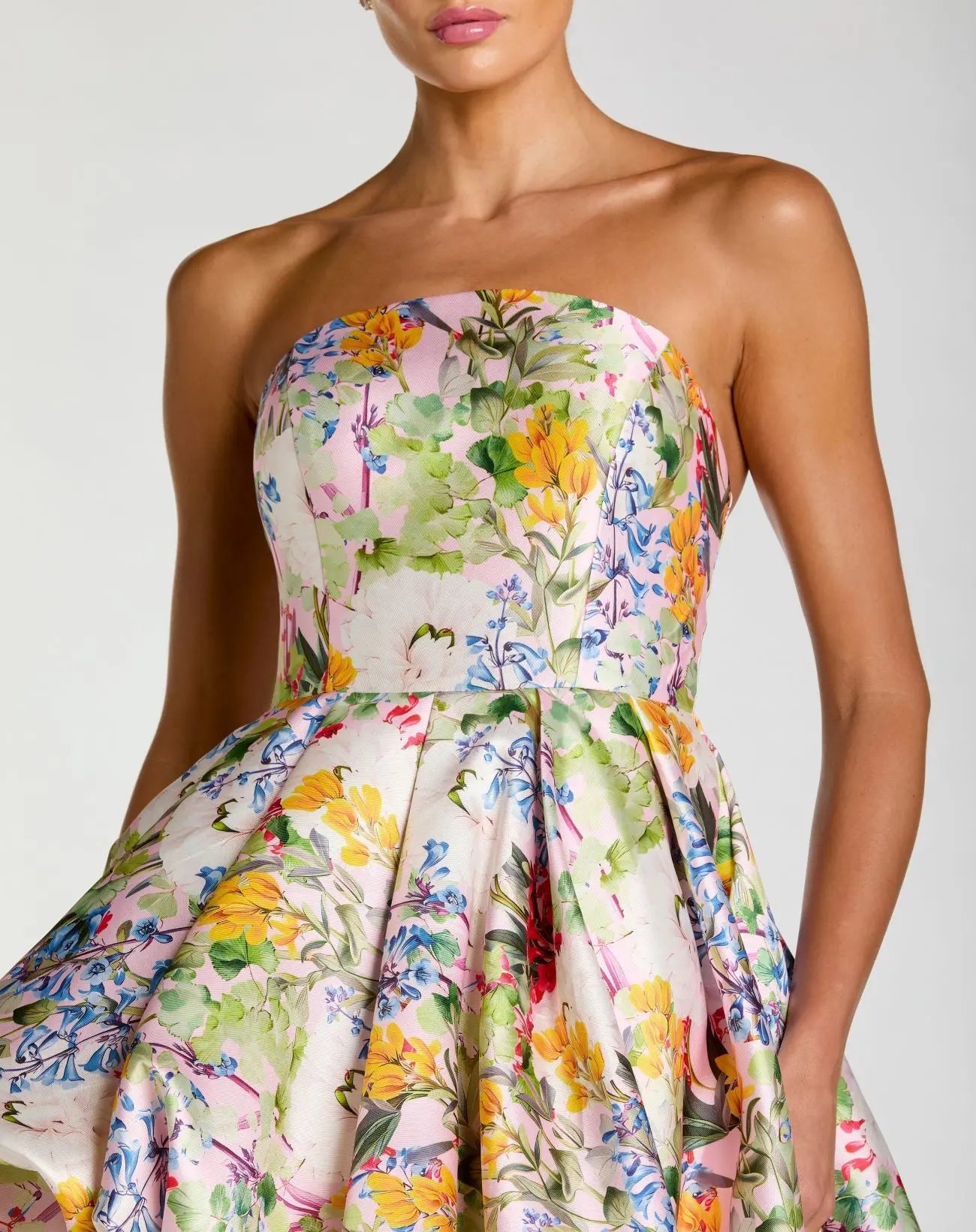 Multicolor Strapless Floral High Low Bubble Hem Gown - Image 2