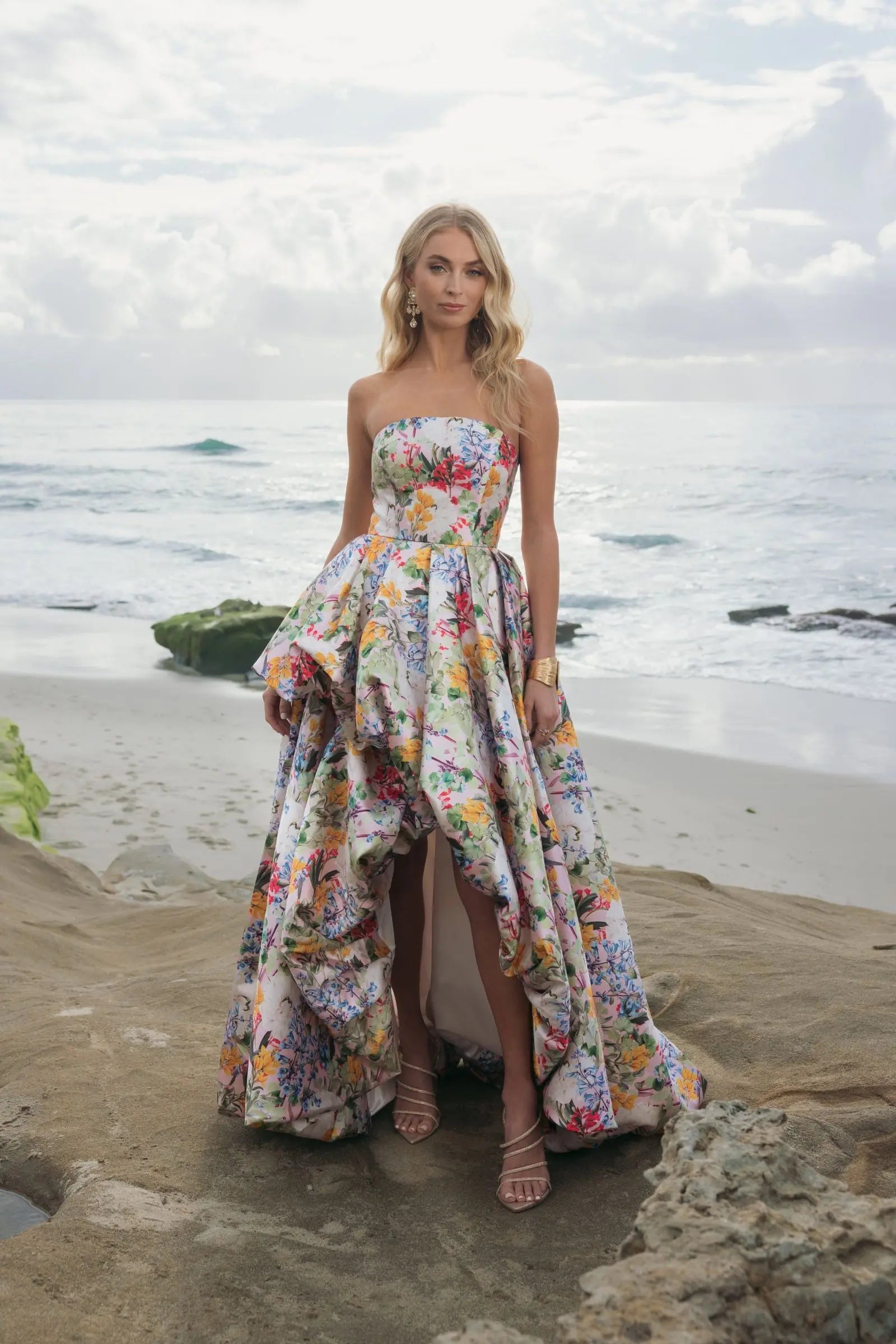Multicolor Strapless Floral High Low Bubble Hem Gown - Image 4