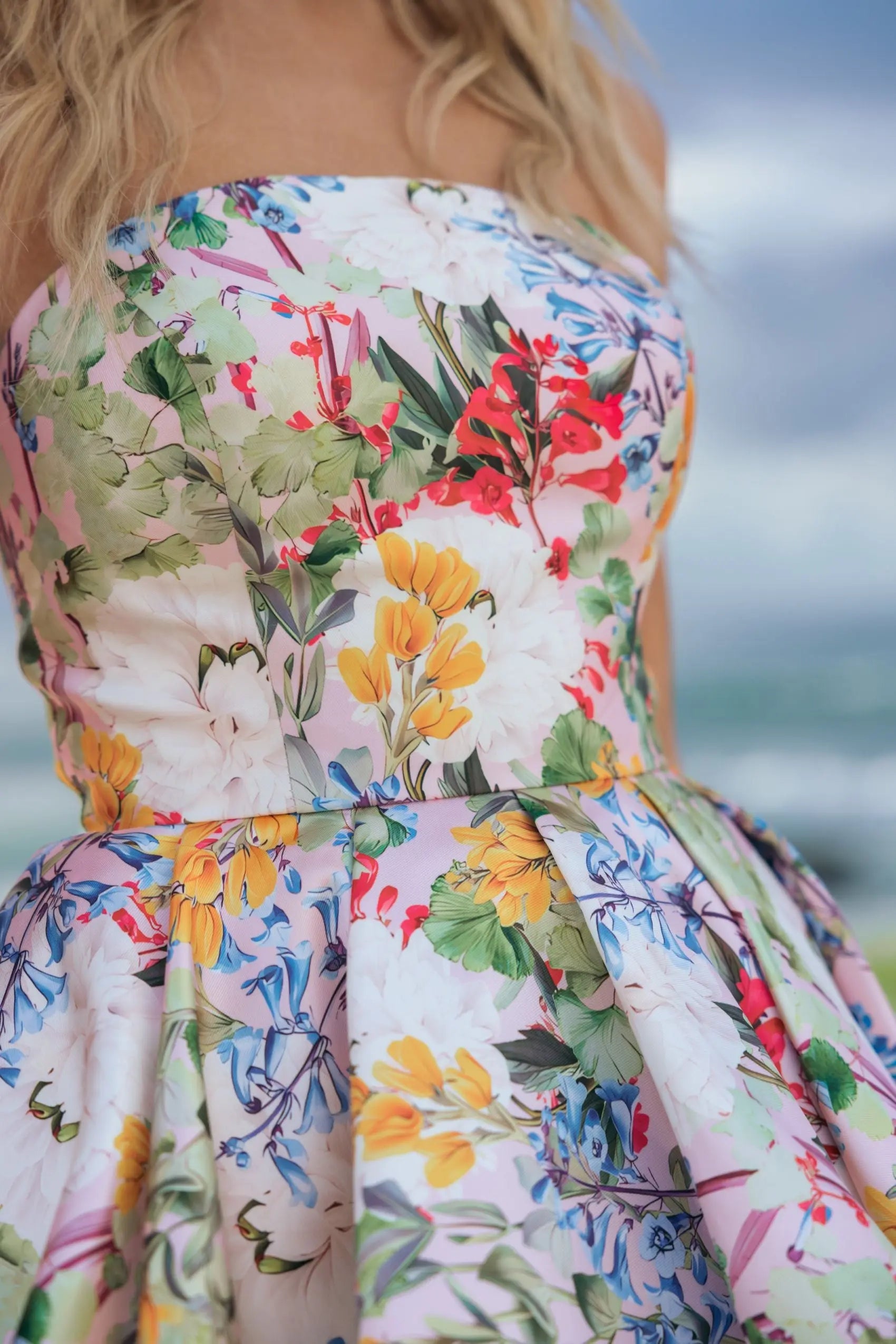 Multicolor Strapless Floral High Low Bubble Hem Gown - Image 5