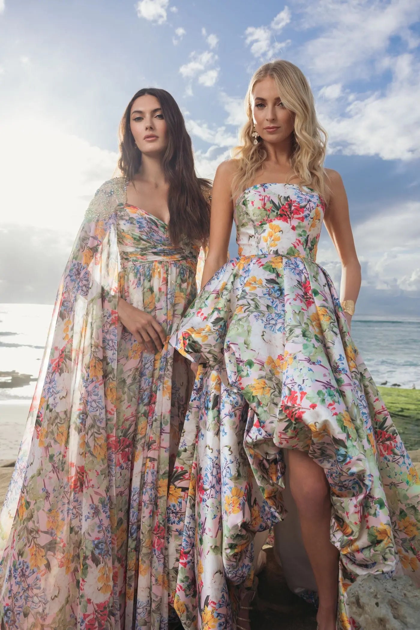Multicolor Strapless Floral High Low Bubble Hem Gown - Image 6