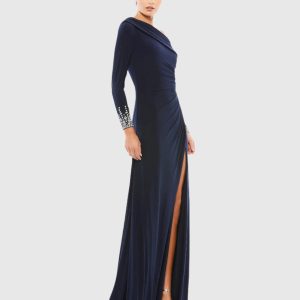 Navy Beaded Cuff Drop Shoulder Faux Wrap Gown