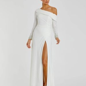 White Beaded Cuff Drop Shoulder Faux Wrap Gown - FINAL SALE