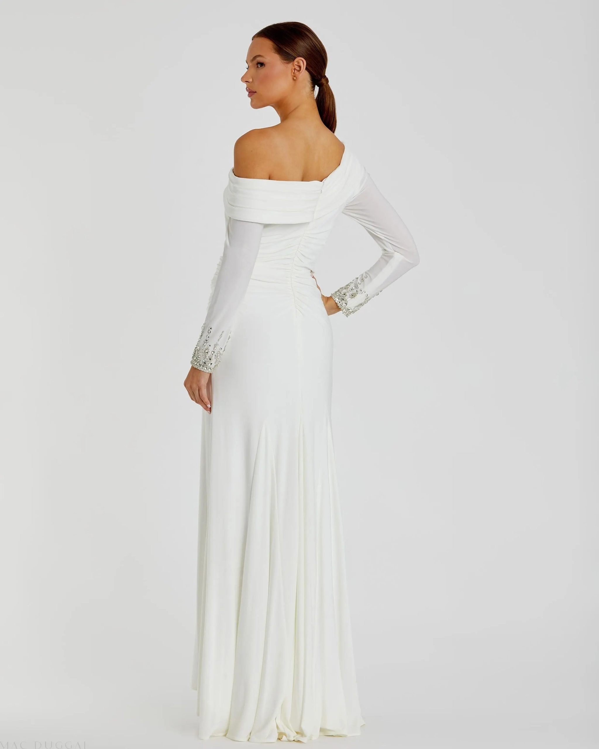 White Beaded Cuff Drop Shoulder Faux Wrap Gown - FINAL SALE - Image 3