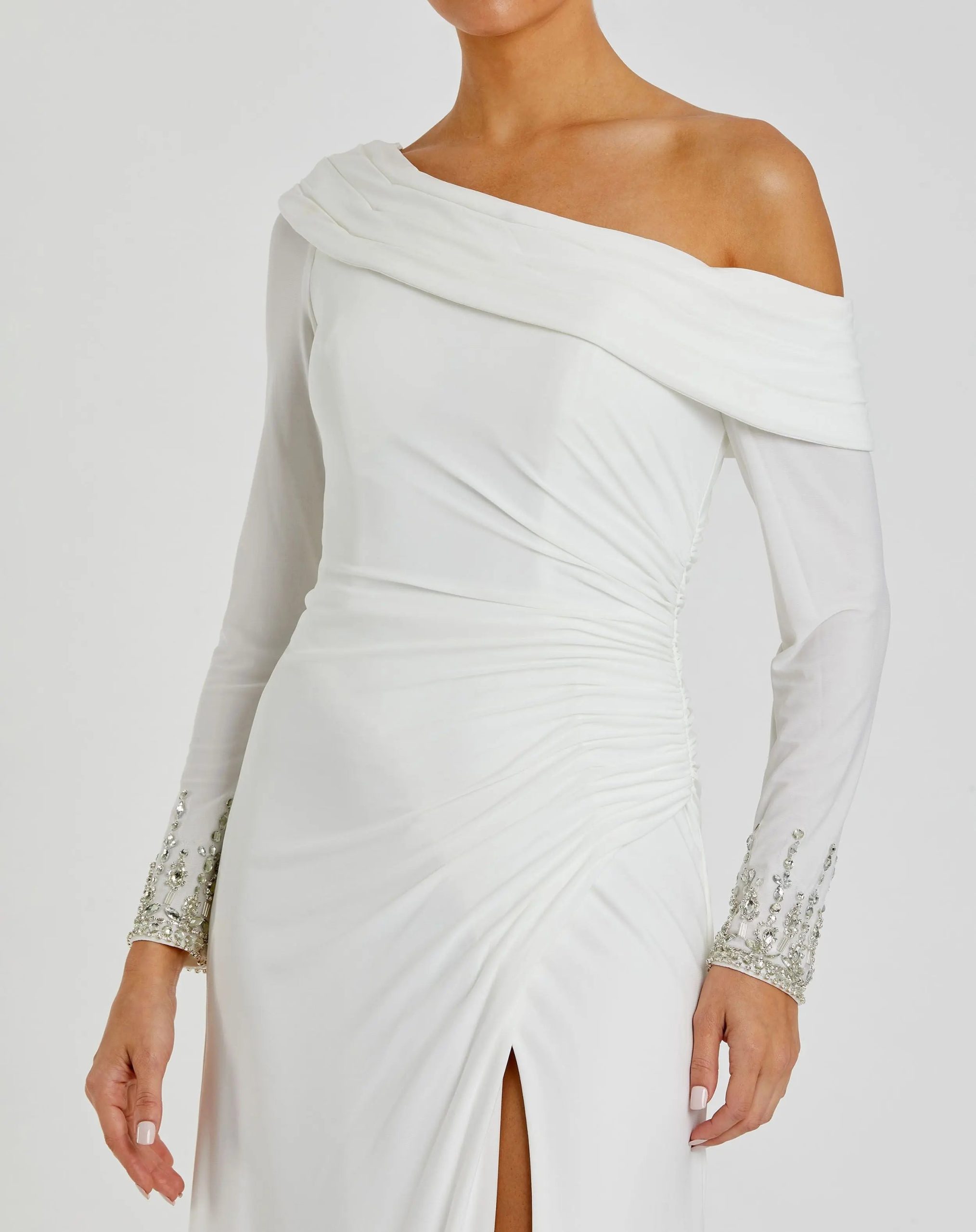 White Beaded Cuff Drop Shoulder Faux Wrap Gown - FINAL SALE - Image 2