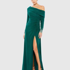 Green Beaded Cuff Drop Shoulder Faux Wrap Gown