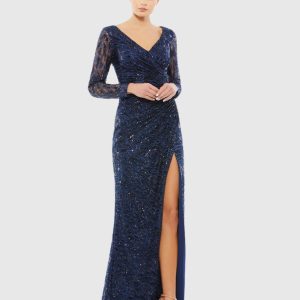 Long Sleeve Ruched Sequined V-Neck Gown