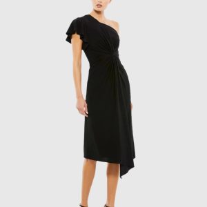 Black One Shoulder Midi Length Jersey Dress