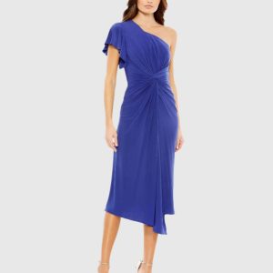 Blue One Shoulder Midi Length Jersey Dress