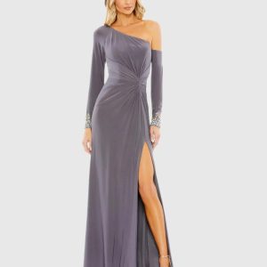 Gray Side Twist Drop Shoulder Beaded Cuff Gown