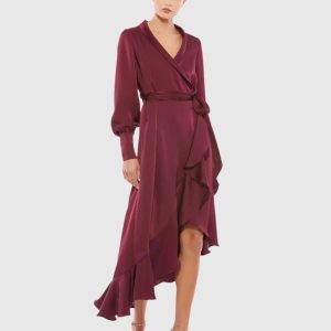 Long Sleeve Faux Wrap Midi Dress