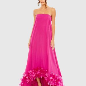 Pink Strapless Flare Feather Hem Gown