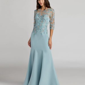 Blue Embroidered Crepe Mermaid Gown With 3/4 Sleeves