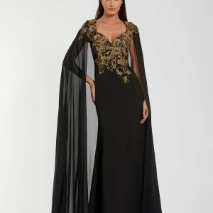 Black and Gold Embellished Column Gown with Chiffon Cape Sleeves