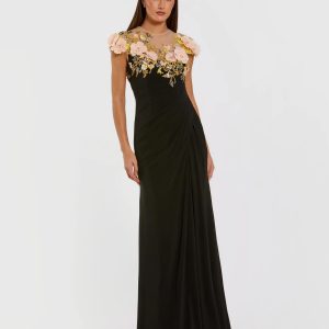 Black Jersey Column Gown With 3D Flower Embellishments