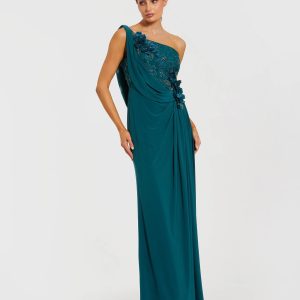 Teal One Shoulder Draped Jersey Gown With 3D Flowers