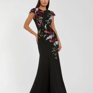 Black Floral Sequin Embellished Trumpet Gown