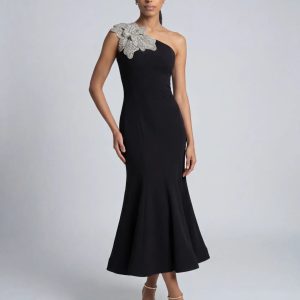 Petite Black Crepe One Shoulder Mermaid Midi Dress With Flower
