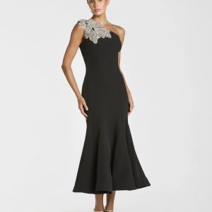 Black Crepe One Shoulder Midi Dress With Flower