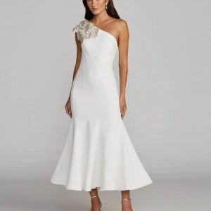 White Crepe One Shoulder Midi Dress with Flower