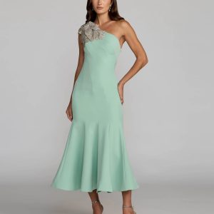 Green Crepe One Shoulder Midi Dress With Flower