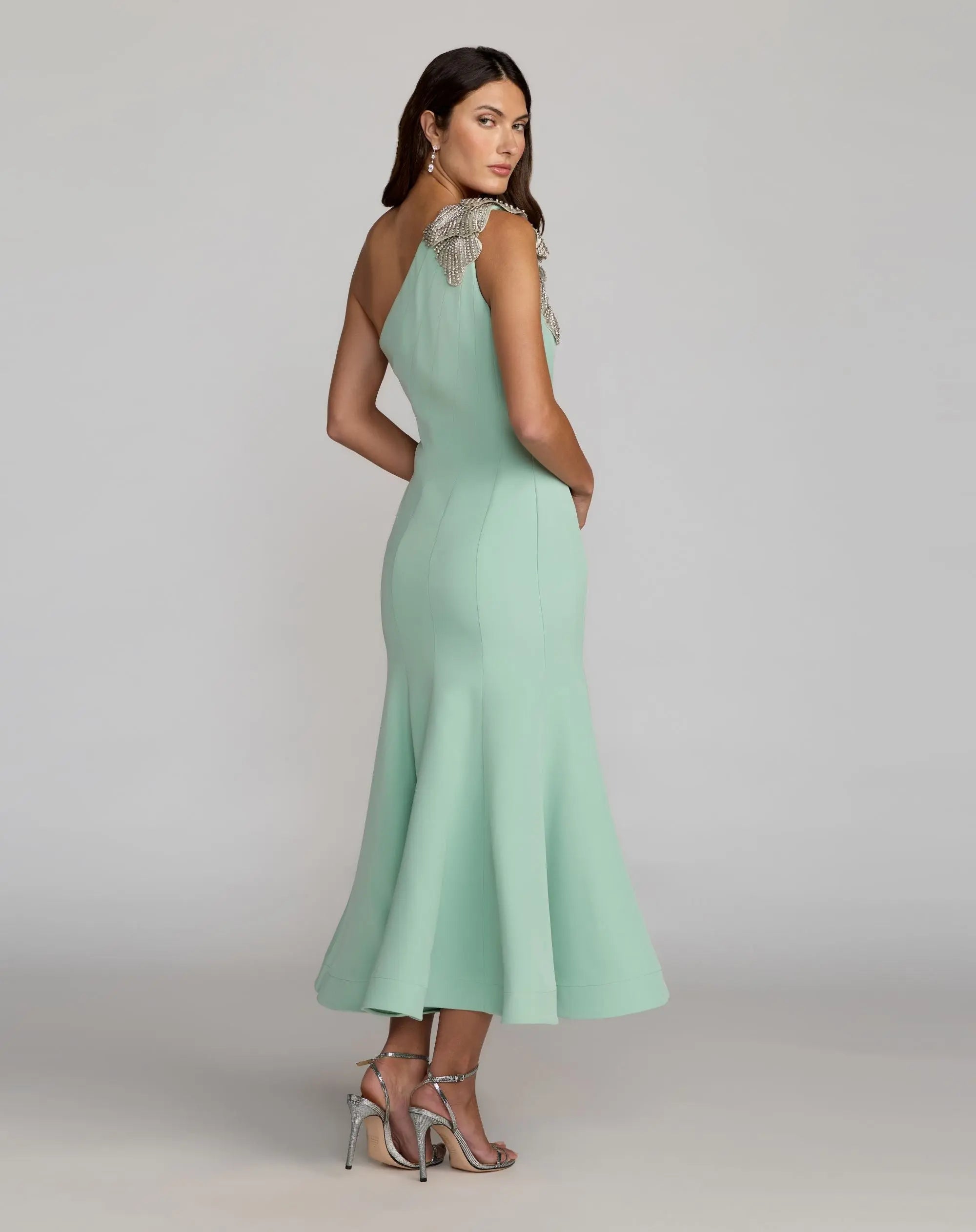 Green Crepe One Shoulder Midi Dress With Flower - Image 3
