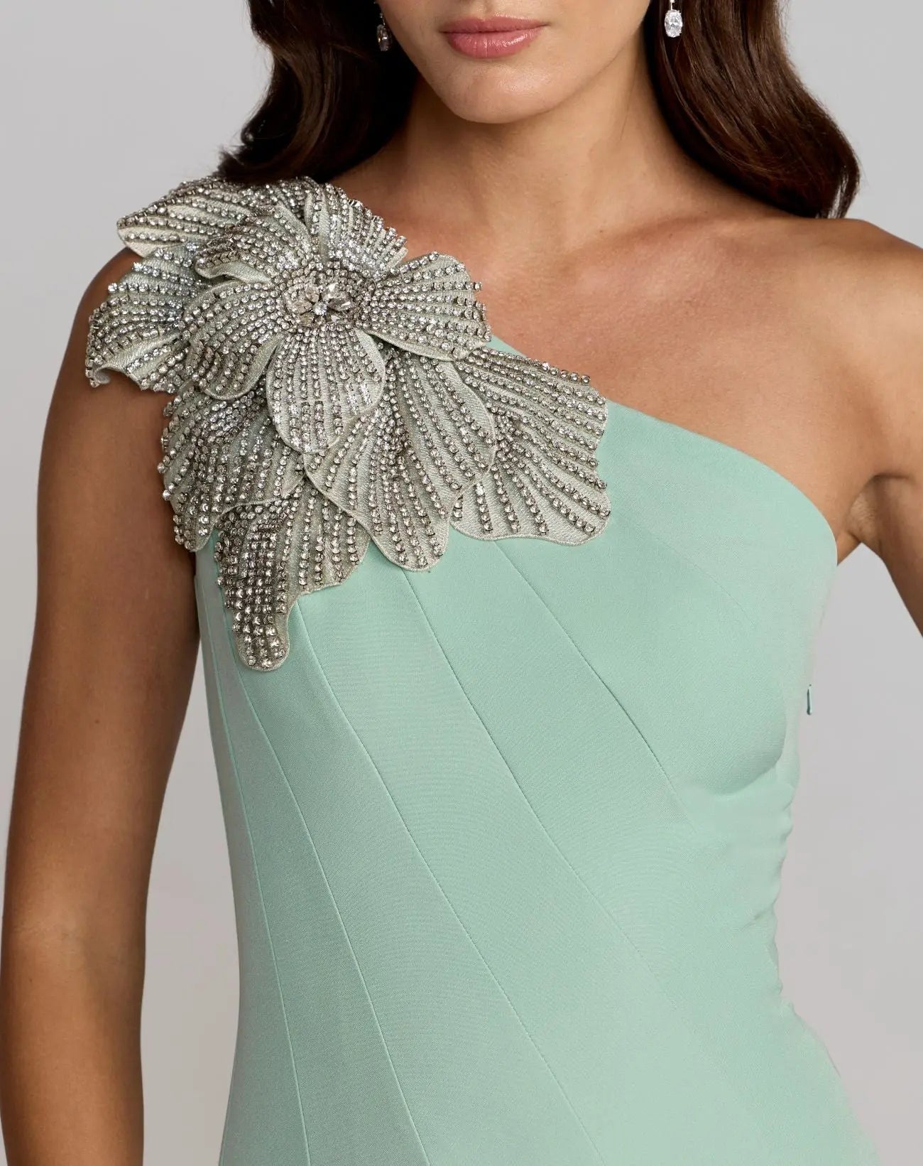 Green Crepe One Shoulder Midi Dress With Flower - Image 2