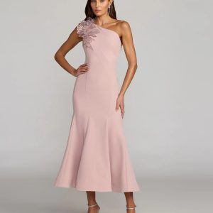Pink One Shoulder Trumpet Midi Dress with 3D Flower