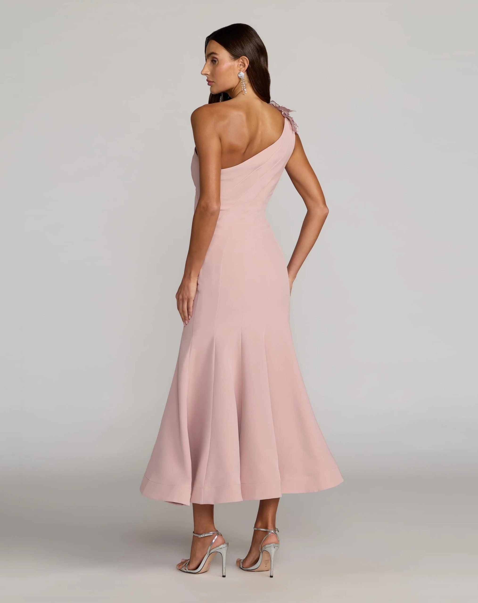 Pink One Shoulder Trumpet Midi Dress with 3D Flower - Image 3