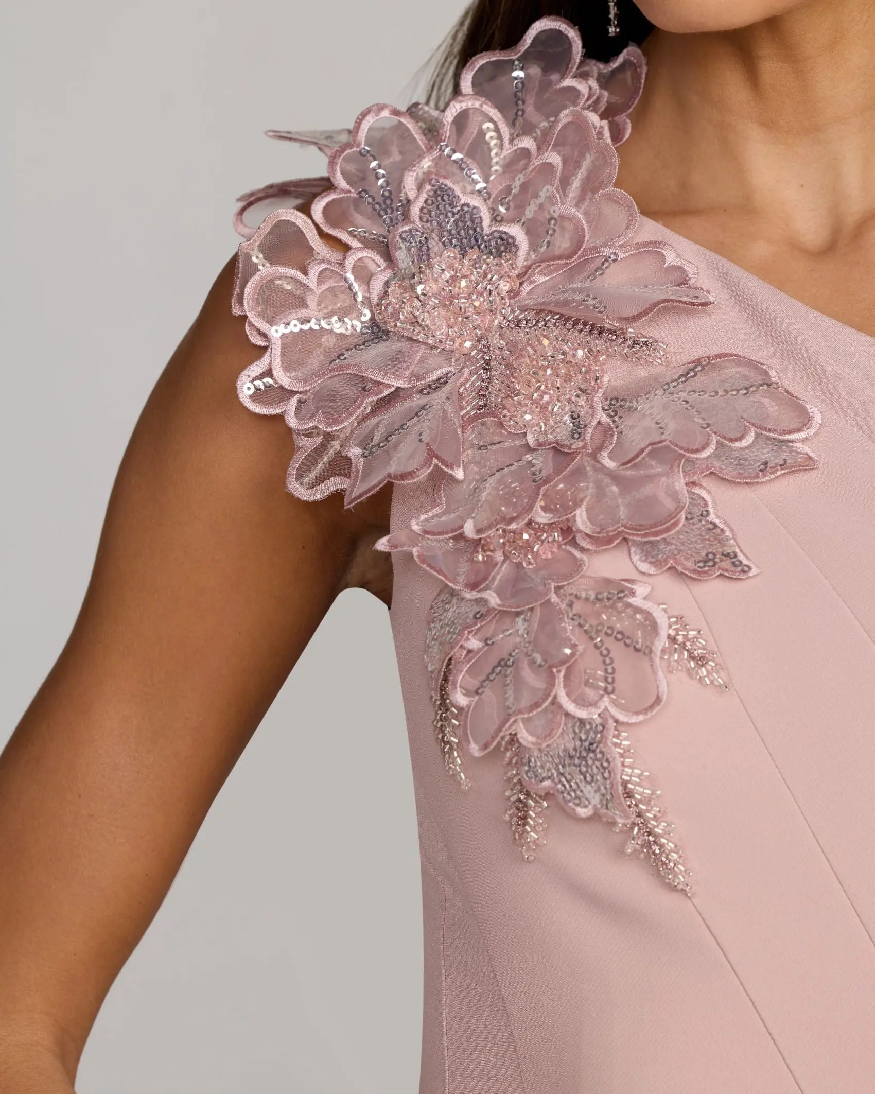 Pink One Shoulder Trumpet Midi Dress with 3D Flower - Image 2