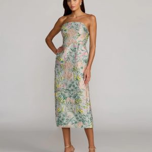 Multicolor Strapless Brocade Midi Dress With Pockets