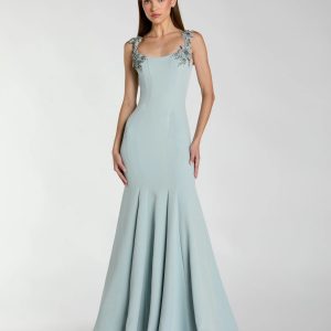 Light Blue Scoop Neck Mermaid Gown with Rhinestone Straps