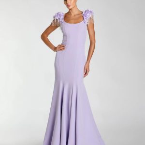Purple Scoop Neck Mermaid Gown With Embellished Sleeves