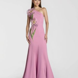Pink One Shoulder Mermaid Gown With 3D Flower