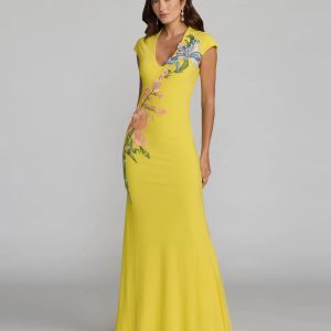 Yellow Floral Appliqué V-Neck Jersey Gown