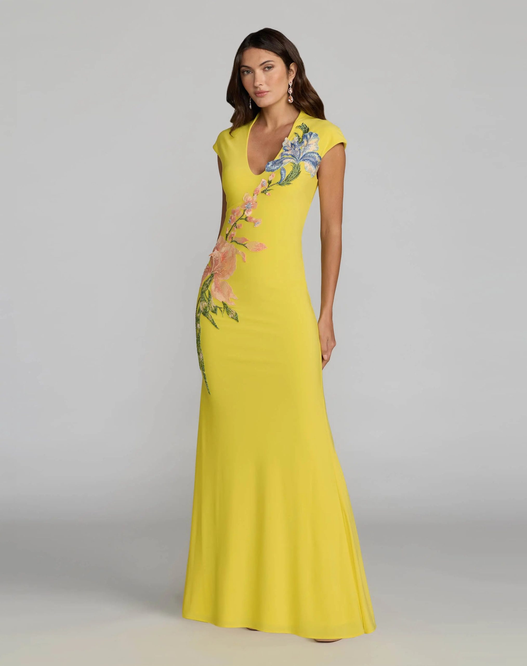 Yellow Floral Appliqué V-Neck Jersey Gown