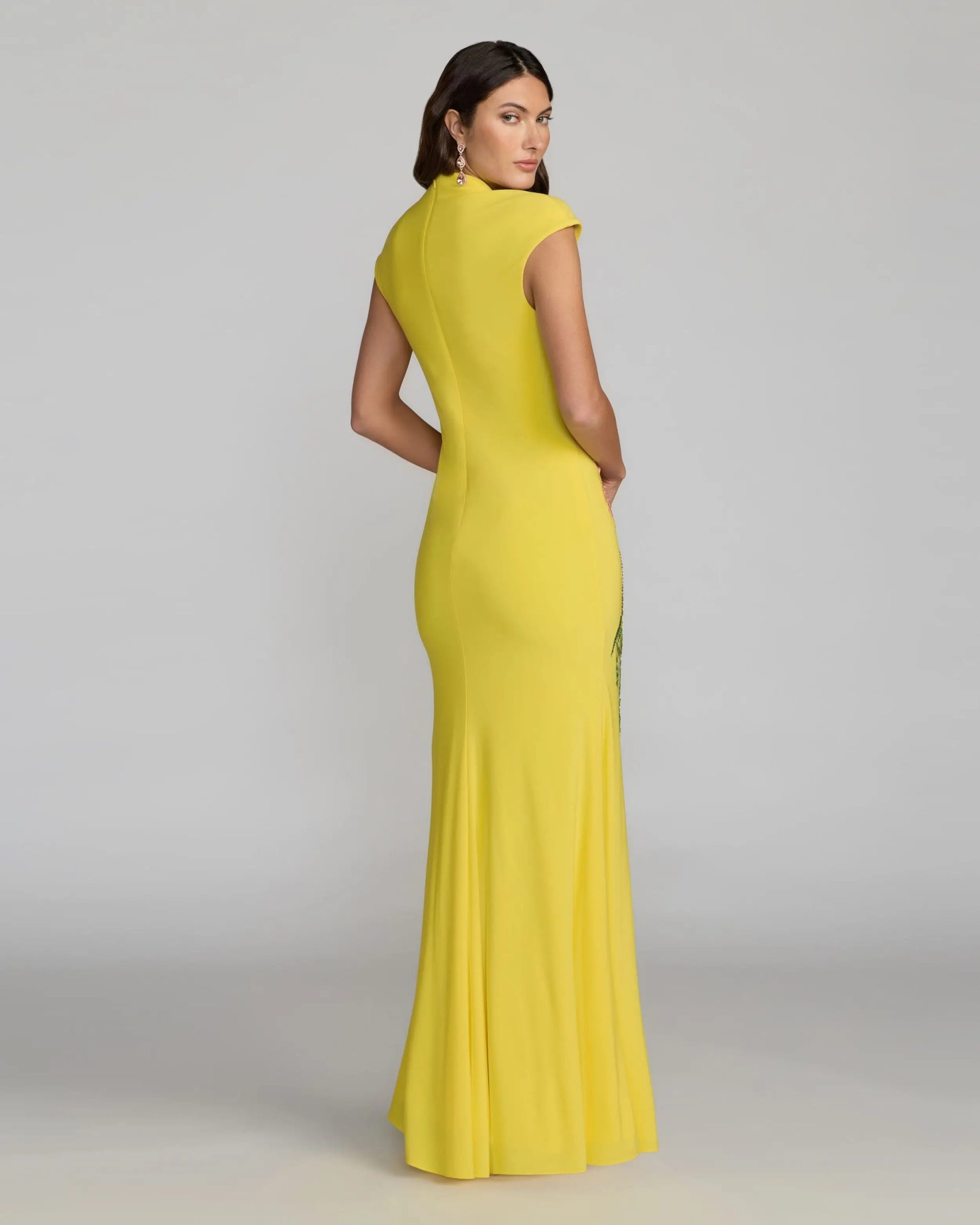 Yellow Floral Appliqué V-Neck Jersey Gown - Image 4