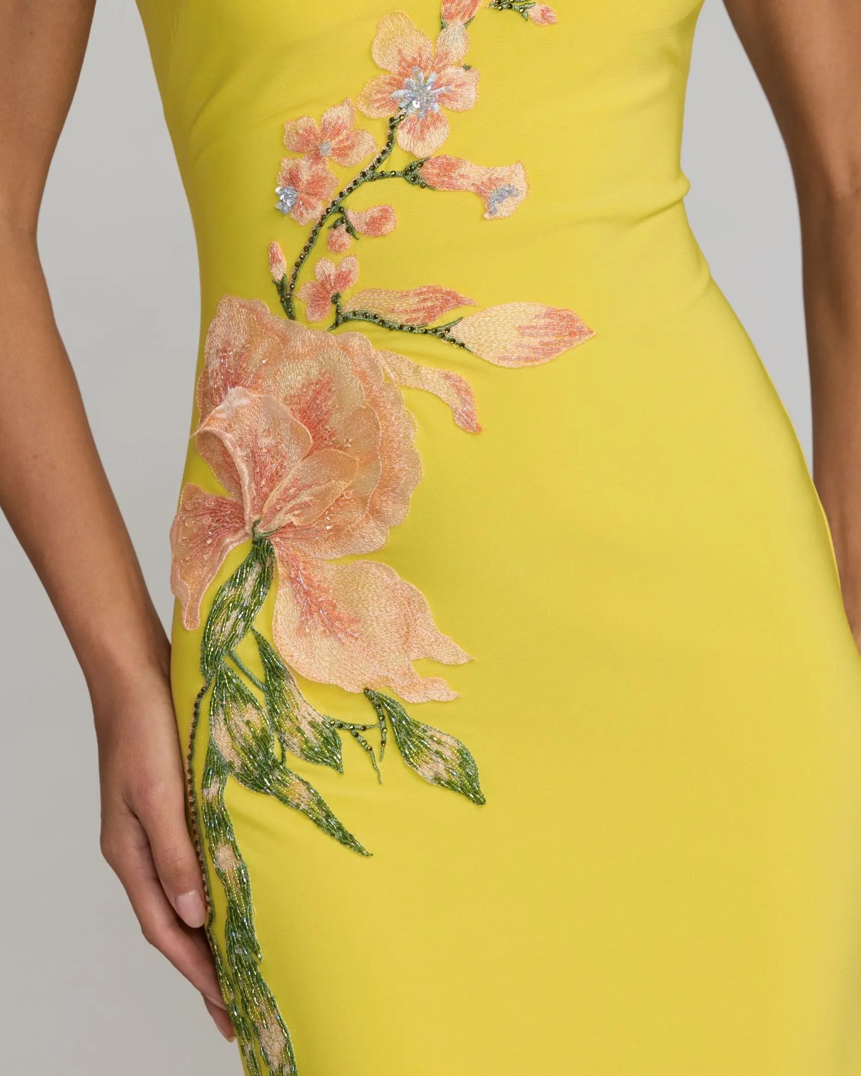 Yellow Floral Appliqué V-Neck Jersey Gown - Image 2