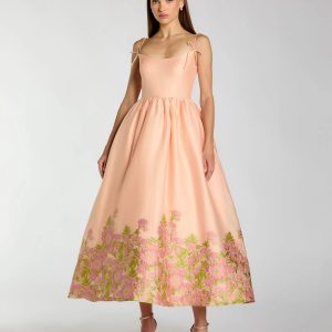 Peach Spaghetti Strap Organza Midi Dress With Bow Detail