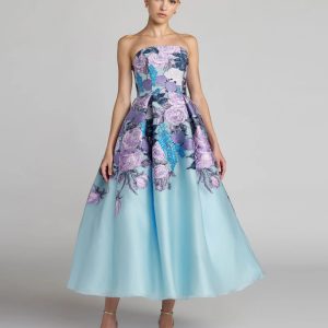 Blue Floral Embroidered Strapless Organza Midi Dress