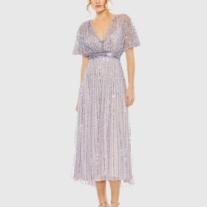 Purple Embellished Short Sleeve Empire Waist Dress