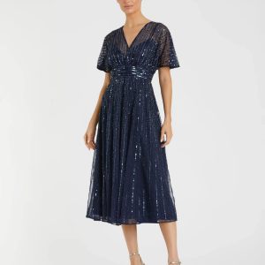 Navy Embellished Short Sleeve Empire Waist Dress
