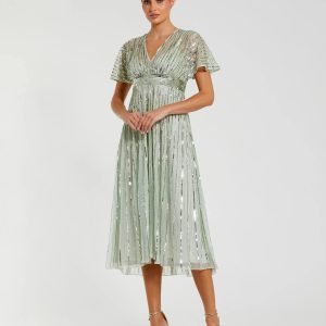 Green Embellished Short Sleeve Empire Waist Dress