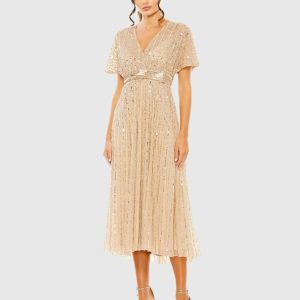 Beige Embellished Short Sleeve Empire Waist Dress
